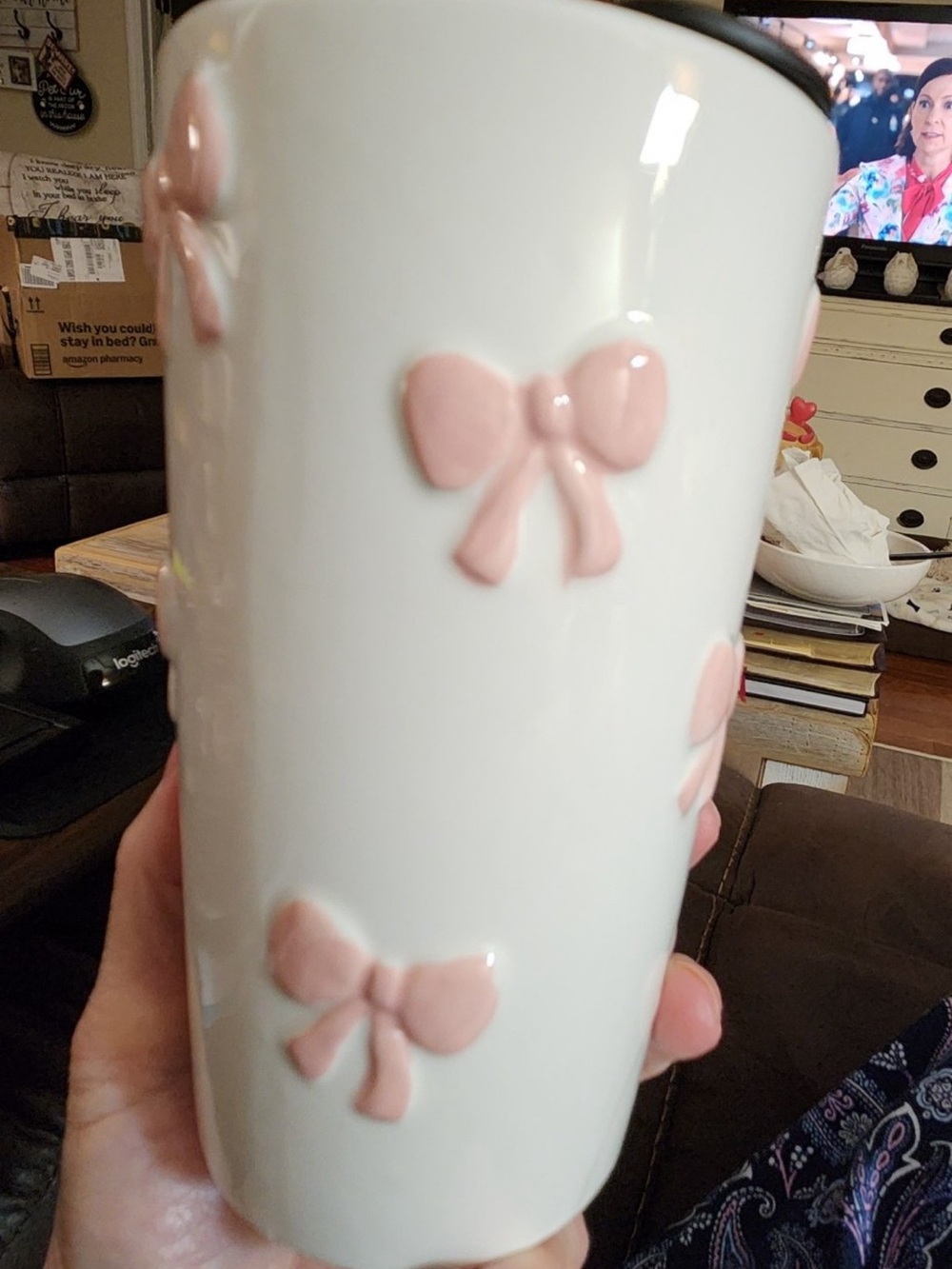 White Ceramic Tumbler with Pink Bow Detail - Charming Drinkware